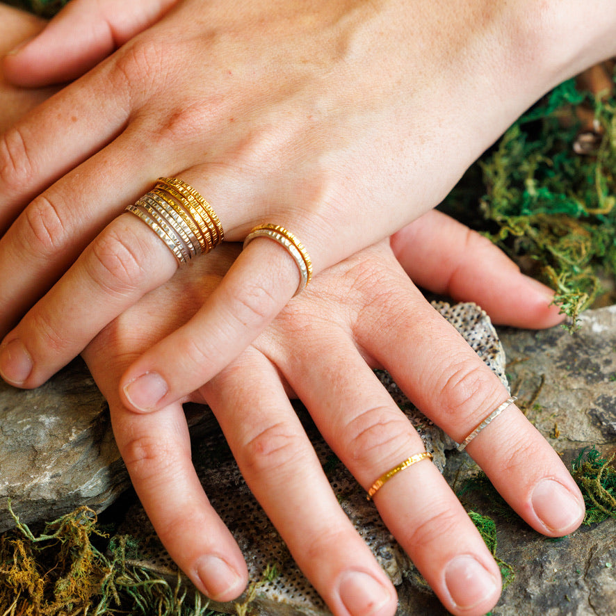Solid Gold Stackable Rings in Oaked Texture